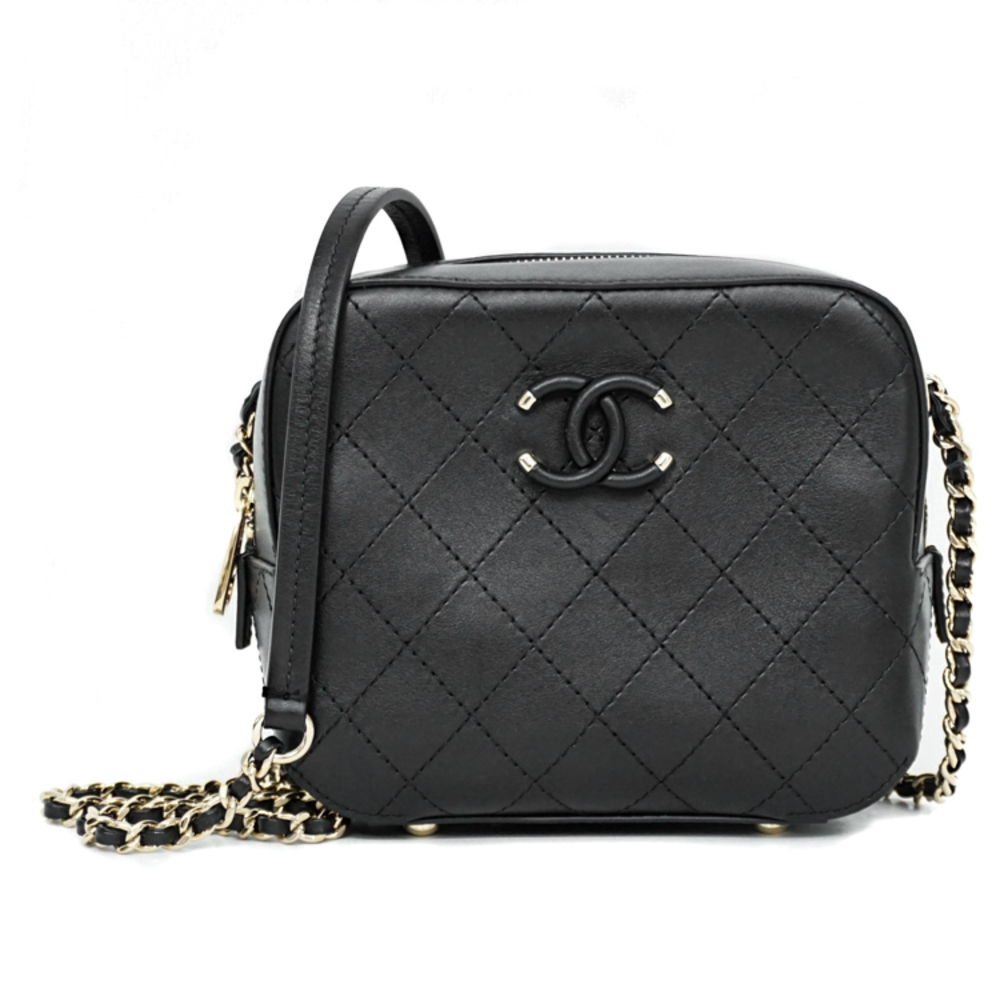 Chanel Matelasse Leather Small Chain Camera Shoulder Bag Black Gold